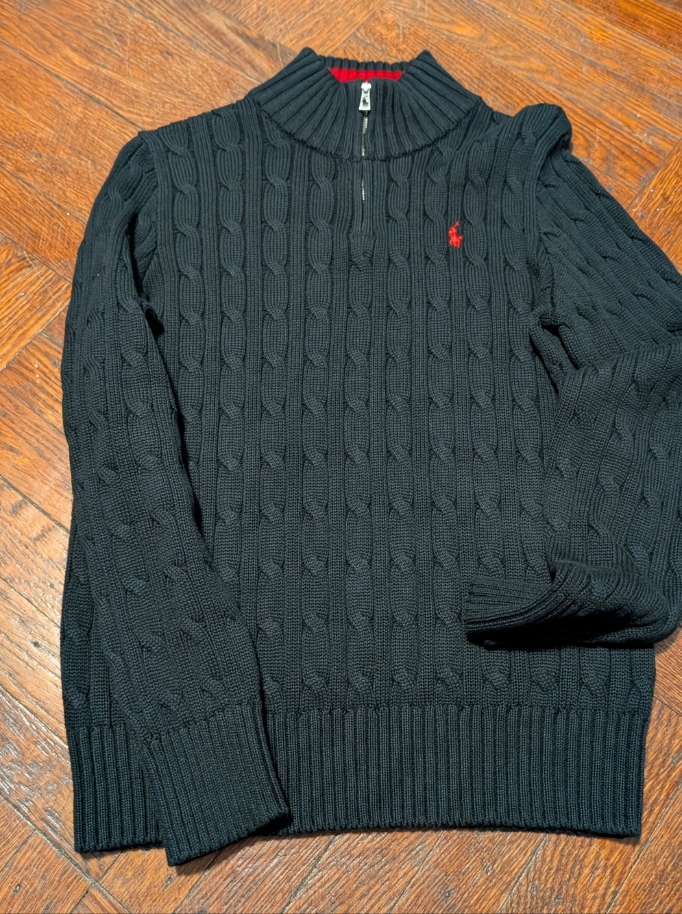 Polo by Ralph Lauren Black Cable-Knit Half-Zip Sweater with Red Pony